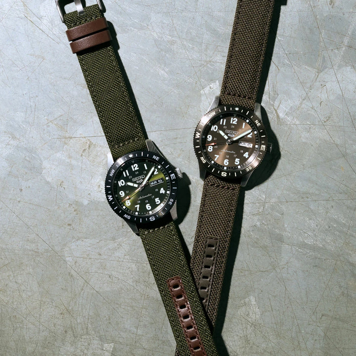 Seiko HDB009 brown HDB009 beside green HDB008, showing the two strap and dial colors