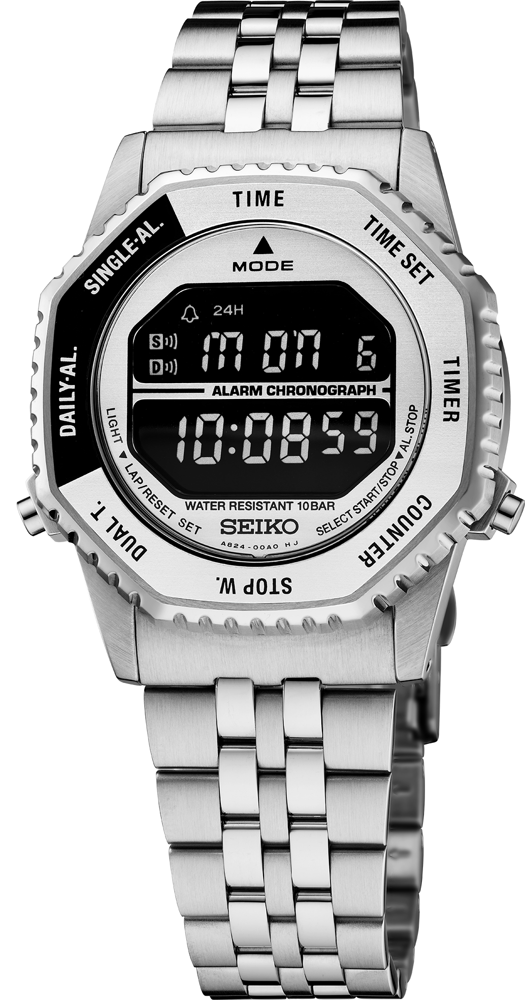 Seiko HFL002 silver digital display, black and silver bezel and steel bracelet, front view