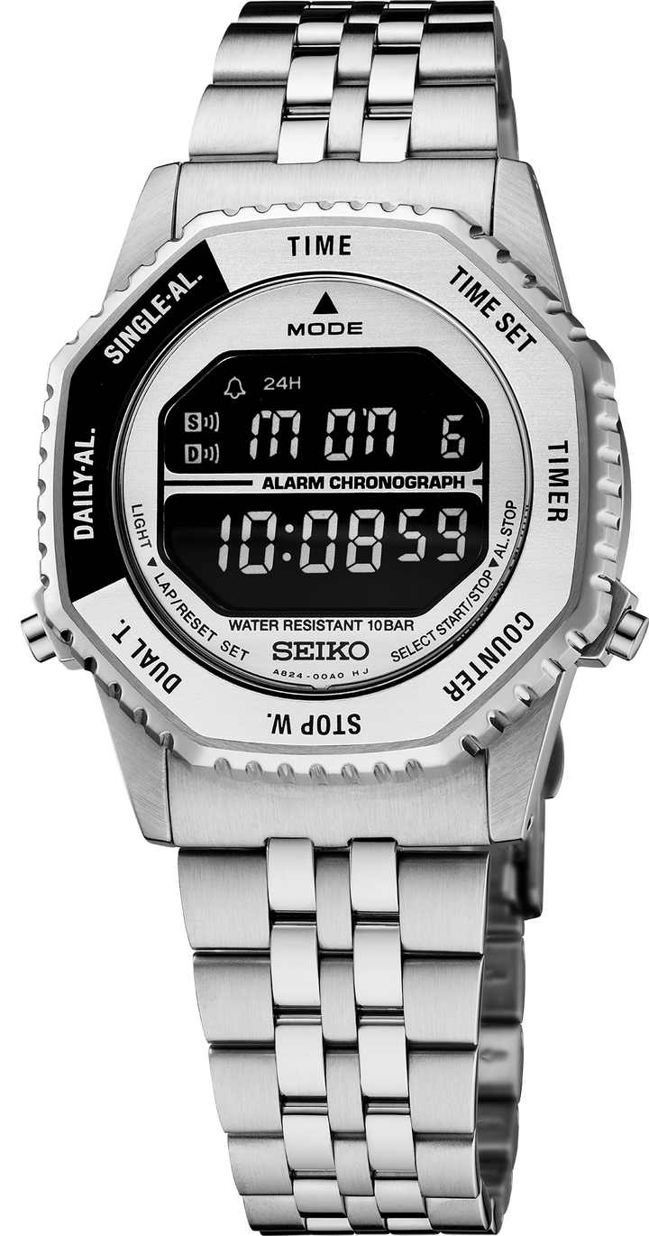 Seiko HFL002 silver digital display, black and silver bezel and steel bracelet, front view