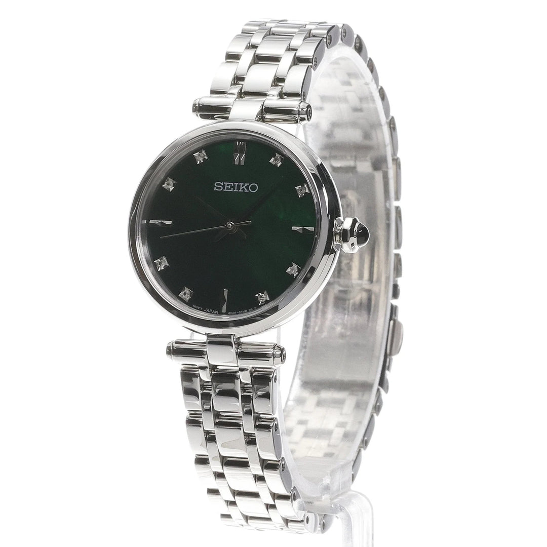 Seiko HGH006 green mother-of-pearl diamond dial and slim stainless steel case, angled view