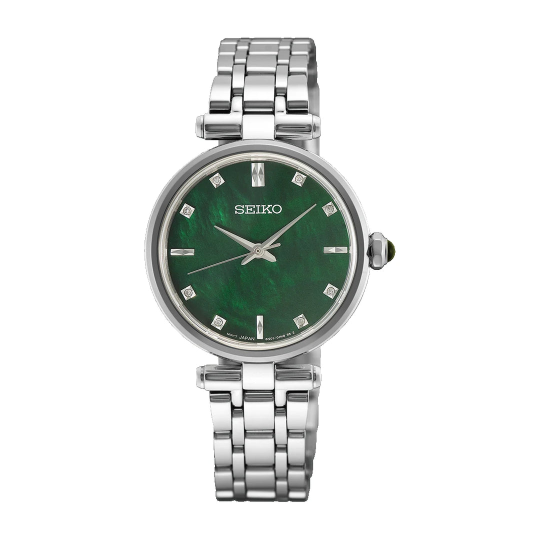 Seiko HGH006 29mm women's quartz watch with green mother-of-pearl diamond dial and stainless steel bracelet, front view