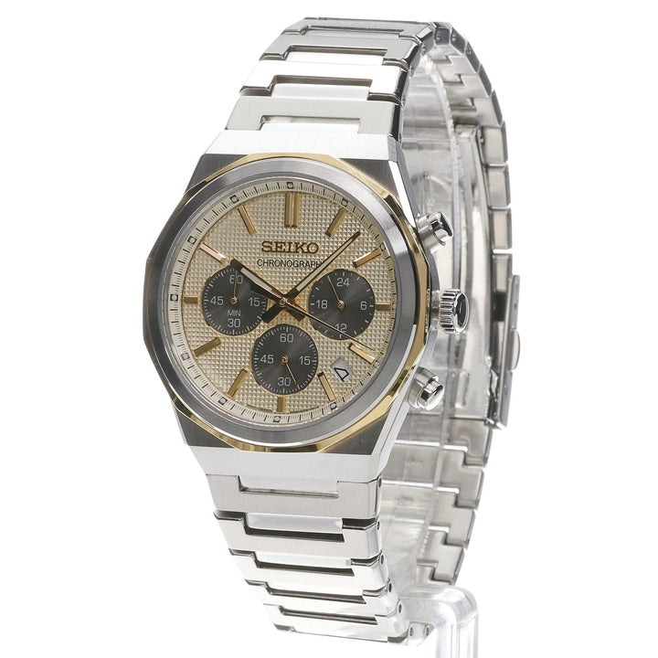 Seiko HGK001 champagne chronograph dial, gold-tone bezel and stainless steel bracelet, angled view