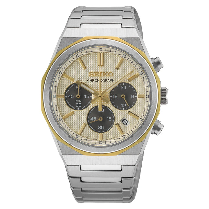 Seiko HGK001 40mm two-tone quartz chronograph with champagne dial and stainless steel bracelet, front view