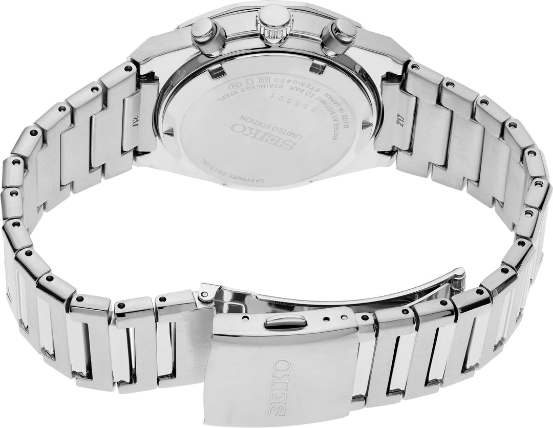 Seiko HGK003 solid caseback with limited-edition markings, stainless steel bracelet and folding clasp