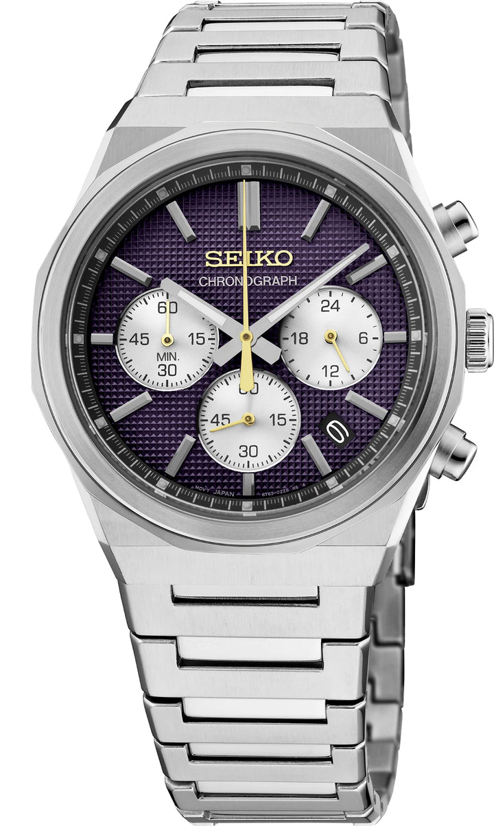 Seiko HGK003 40 mm purple dial 145th Anniversary chronograph with stainless steel bracelet, front view