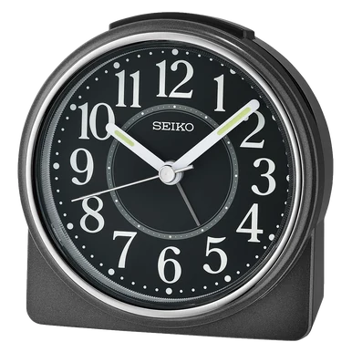 Seiko QHE198KLH black bedside alarm clock with black dial and white numerals, front view