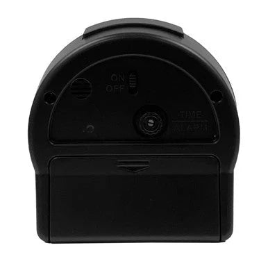 Seiko QHE198KLH black alarm clock, rear controls and battery cover