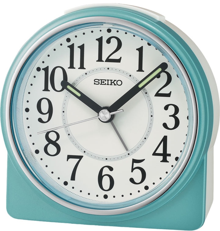 Seiko QHE198LLH aqua blue bedside alarm clock, front view