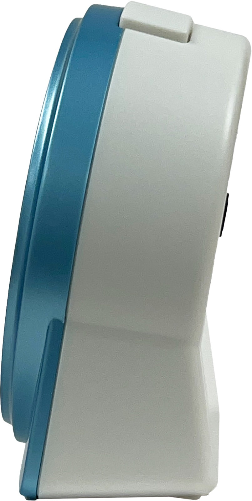 Seiko QHE198LLH aqua blue bedside alarm clock, side profile