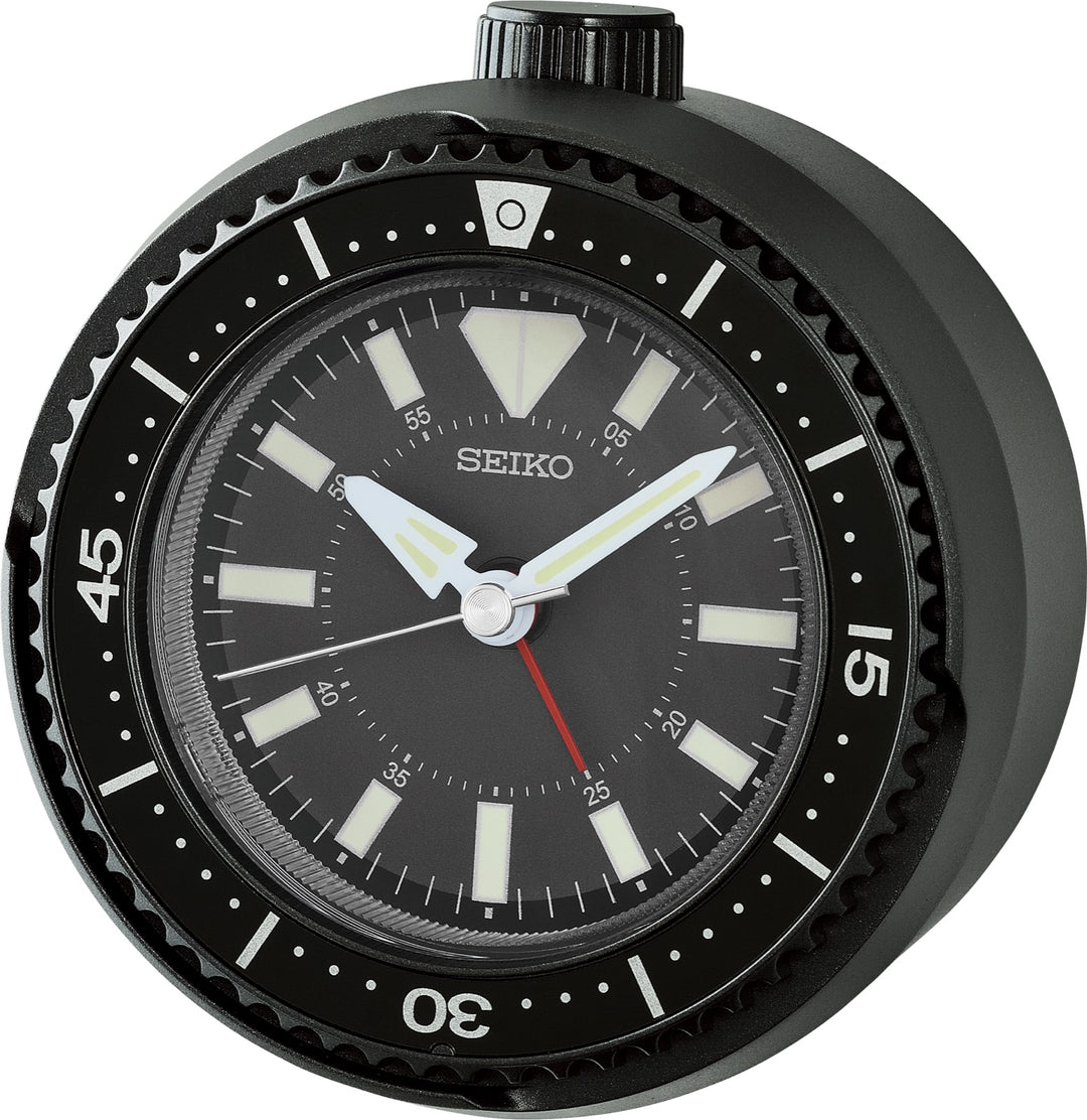 Seiko QHE207KLH black rotating bezel alarm clock, front view