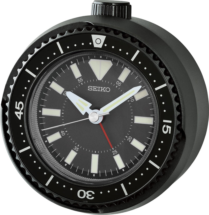 Seiko QHE207KLH black rotating bezel alarm clock, front view