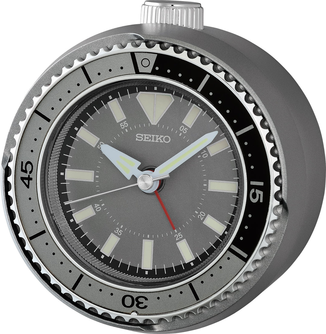 Seiko QHE207NLH gray rotating bezel alarm clock, front view