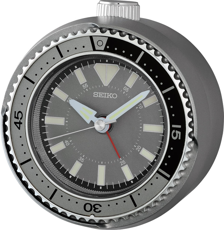 Seiko QHE207NLH gray rotating bezel alarm clock, front view