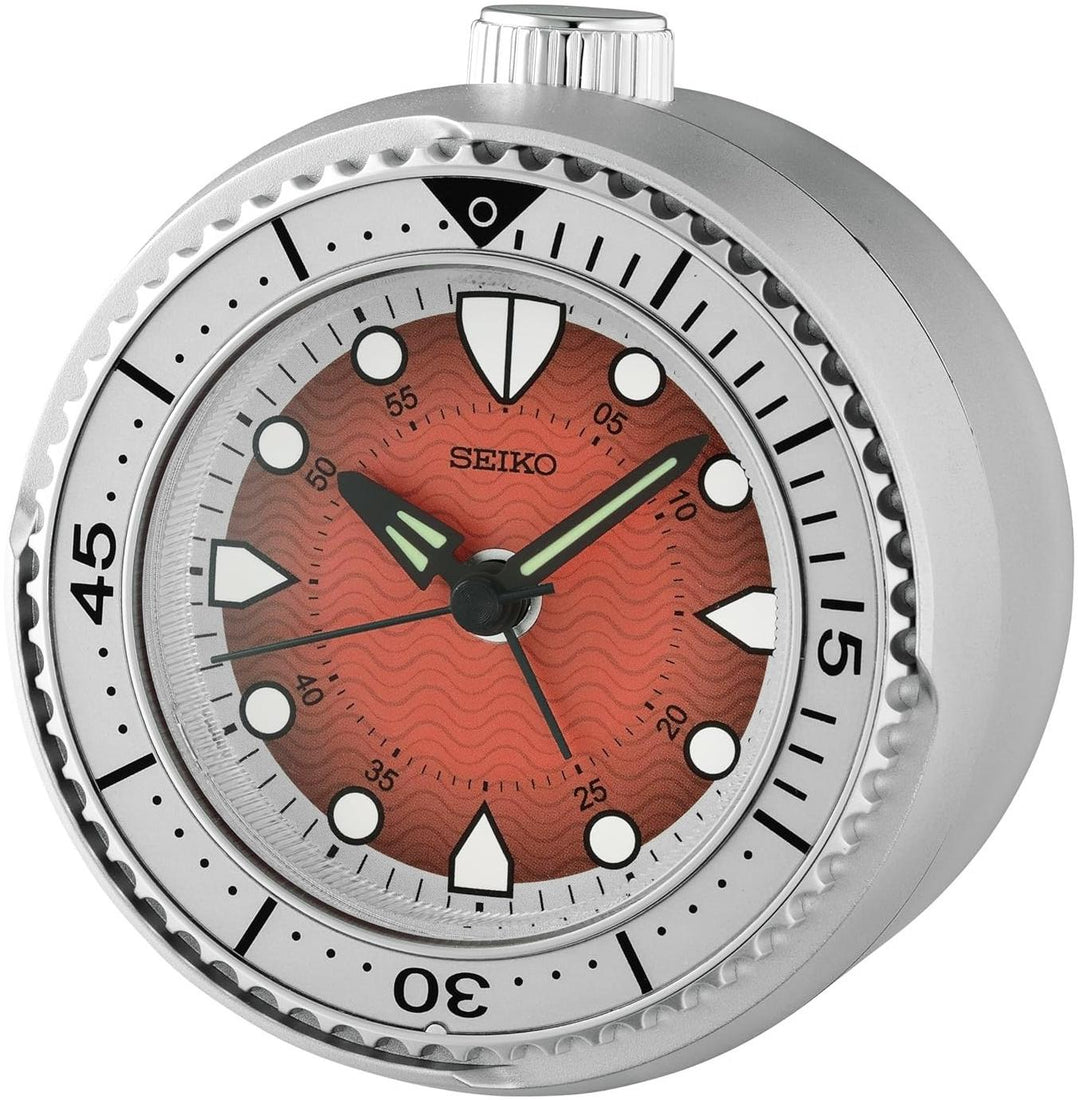 Seiko QHE207T red dial quiet sweep alarm clock front view