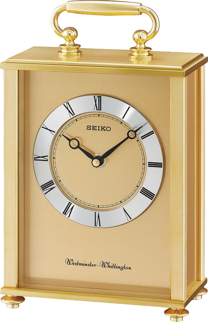 Seiko QHJ201GLH gold-tone Westminster Whittington chiming desk clock, front view