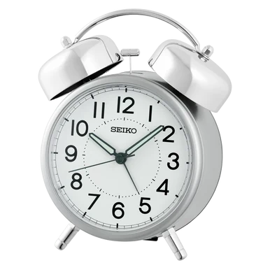 Seiko QHK063SLH silver-tone twin bell alarm clock with white dial, front view