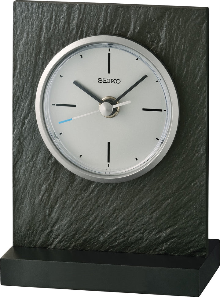 Seiko QXG153NLH classic modern desk clock with faux-slate case, front view