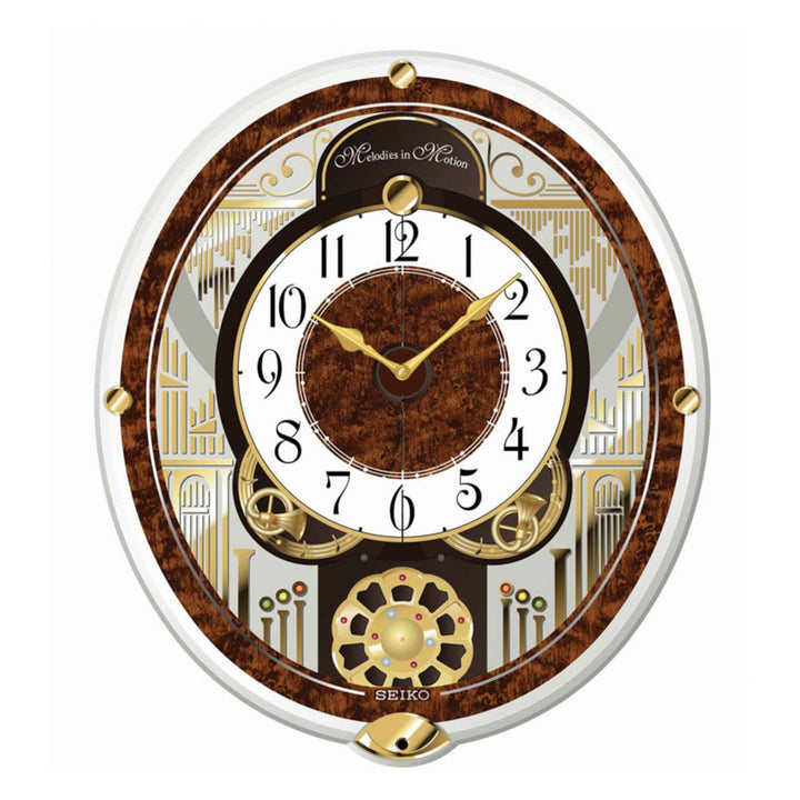 Seiko QXM265BRH Golden French Horns Melodies in Motion wall clock front view