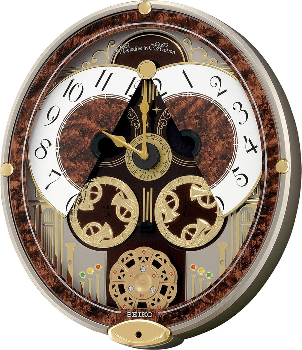 Seiko QXM265BRH musical wall clock with gold-tone horn and pendulum details