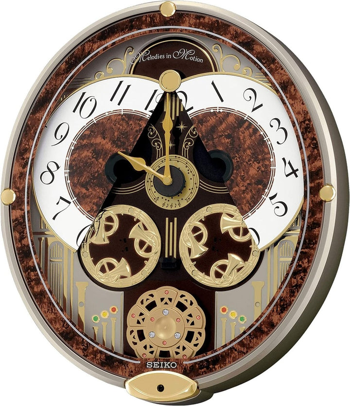 Seiko QXM265BRH musical wall clock with gold-tone horn and pendulum details