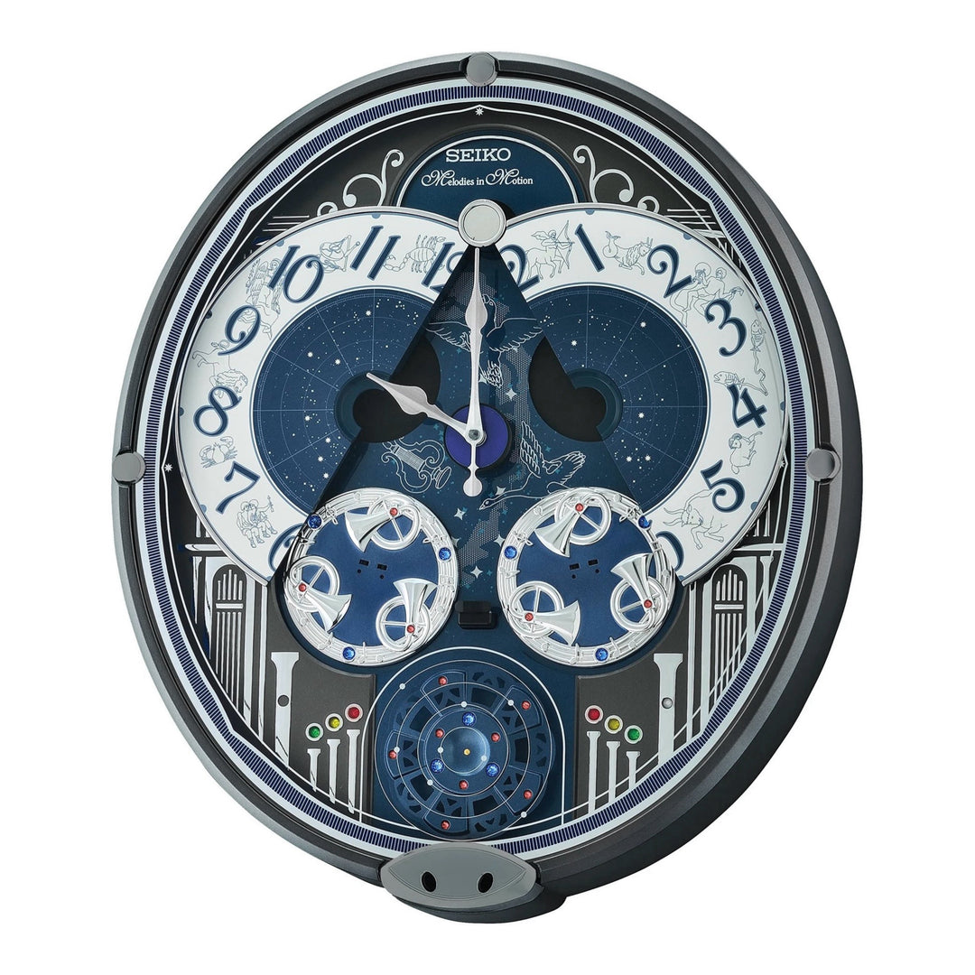 Seiko QXM393NRH Melodies in Motion clock dial and constellation detail