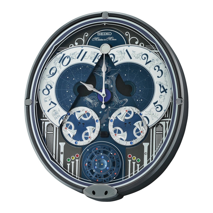 Seiko QXM393NRH Melodies in Motion clock dial and constellation detail