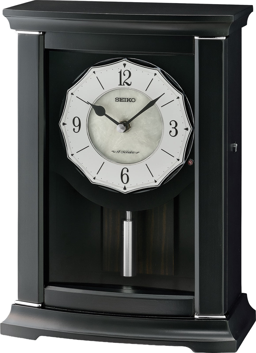 Seiko QXW250KLH black musical pendulum mantel clock, front view