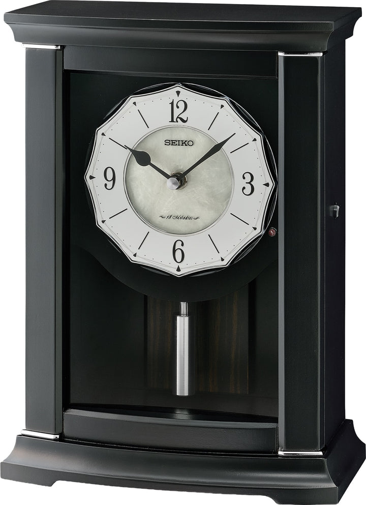 Seiko QXW250KLH black musical pendulum mantel clock, front view