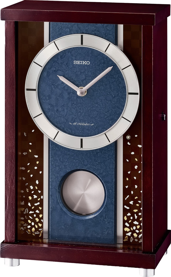 Seiko QXW251BLH brown and blue musical pendulum mantel clock, front view