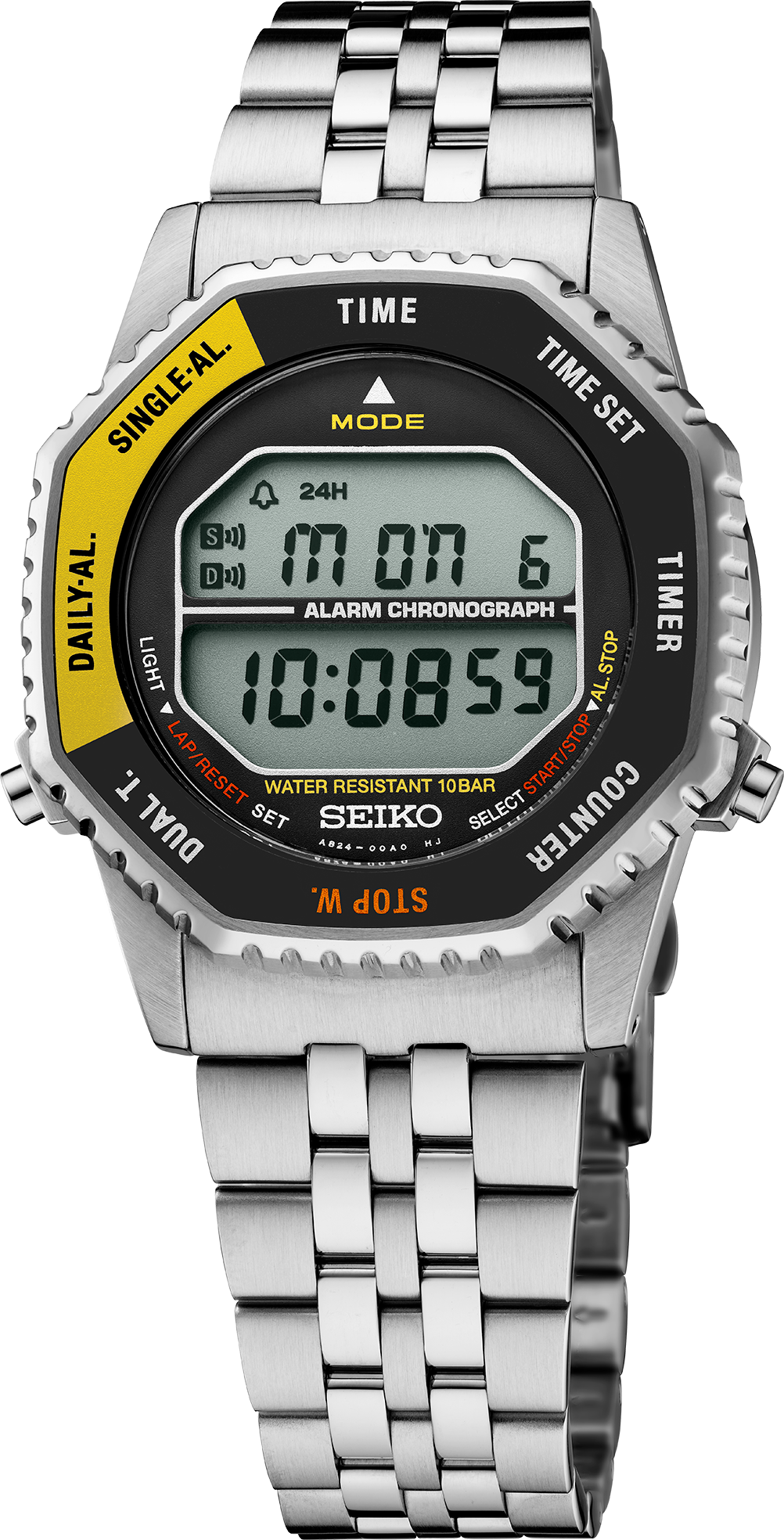 Seiko SMGG17 digital display, yellow and black bezel and steel bracelet, front view