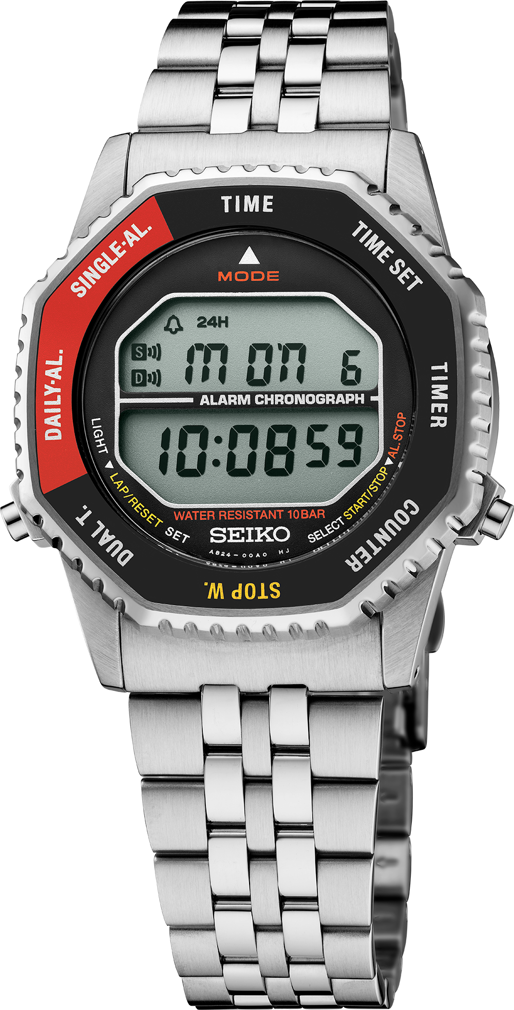 Seiko SMGG19 digital display, red and black bezel and steel bracelet, front view