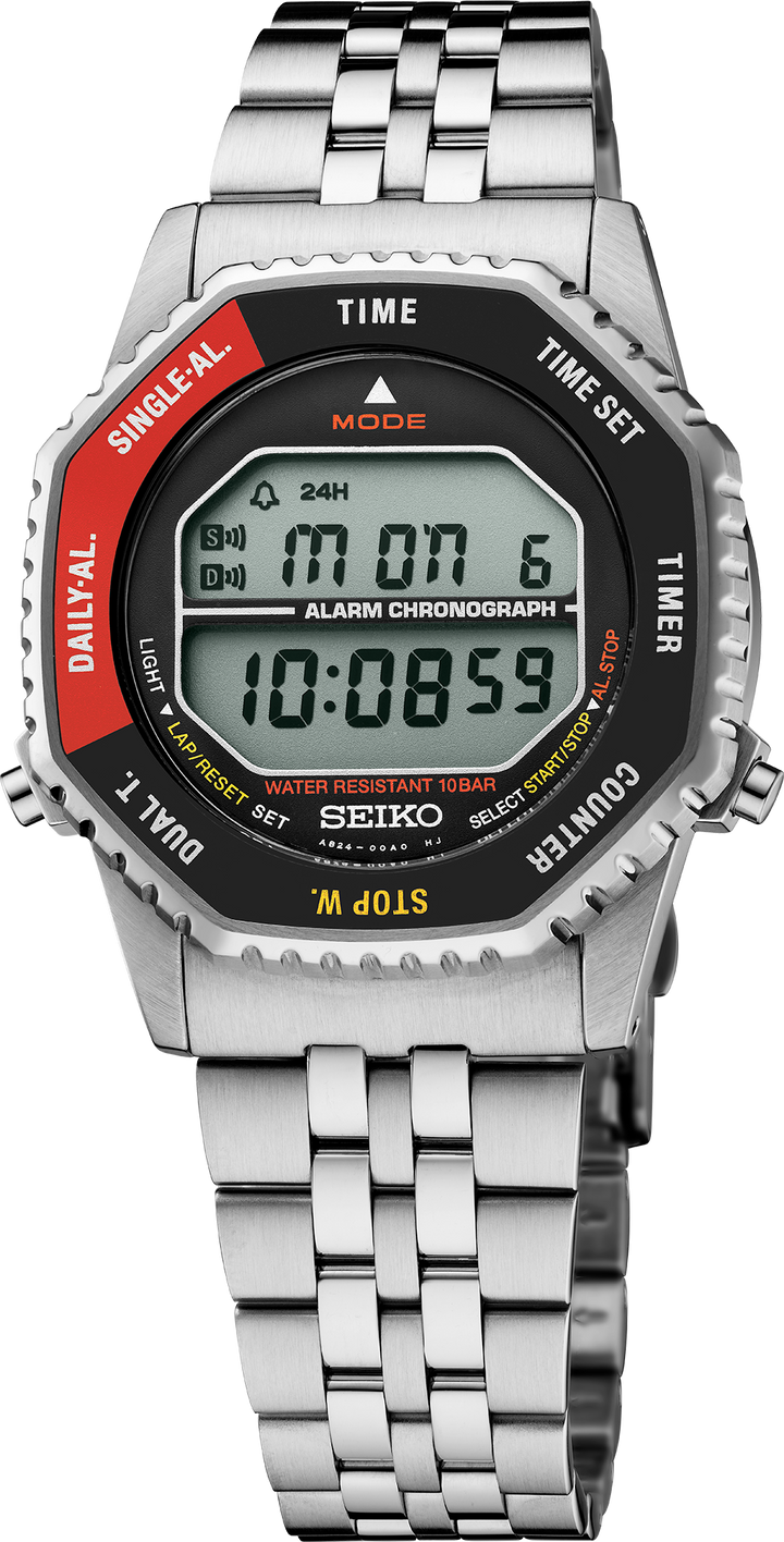 Seiko SMGG19 digital display, red and black bezel and steel bracelet, front view