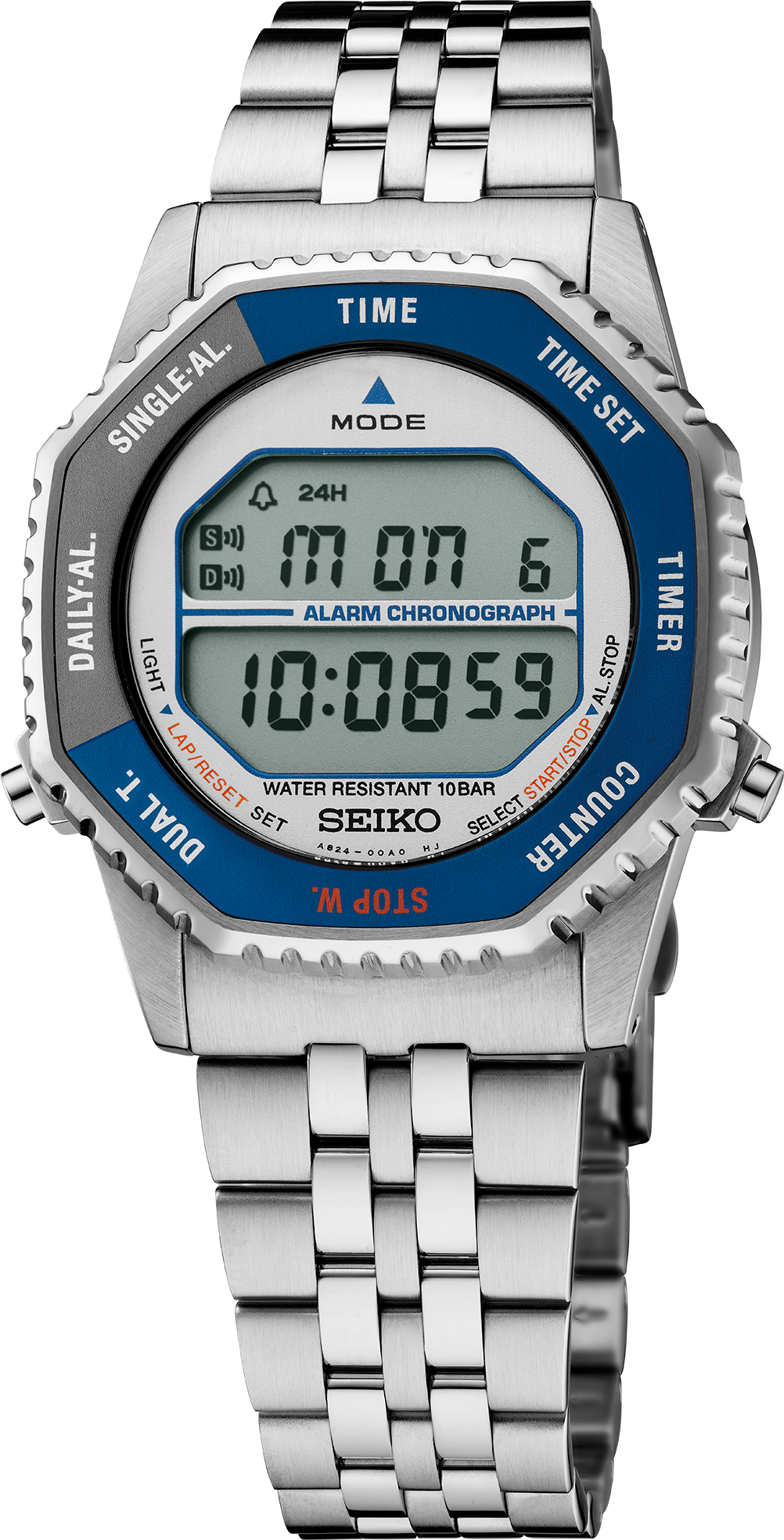 Seiko SMGG21 white digital display, blue and gray bezel and steel bracelet, front view