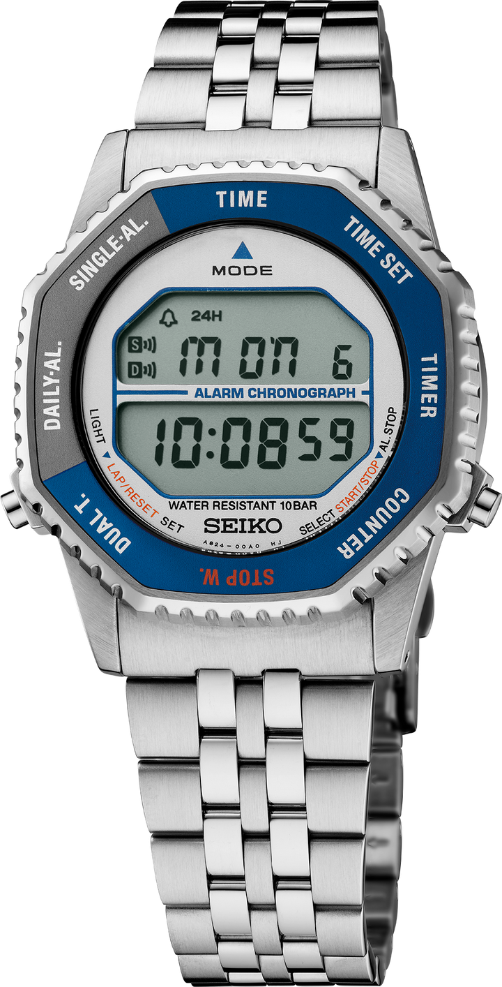 Seiko SMGG21 white digital display, blue and gray bezel and steel bracelet, front view