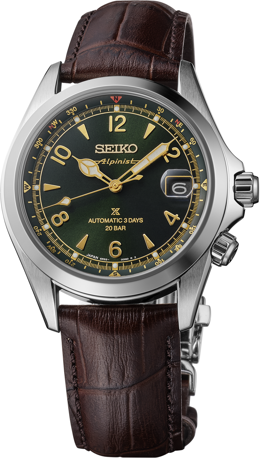 Seiko SPB507 green sunray dial with gold accents and brown leather strap, front view