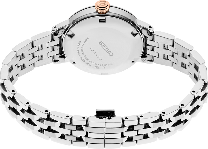 Seiko SRE009 white diamond dial and rose-gold accents