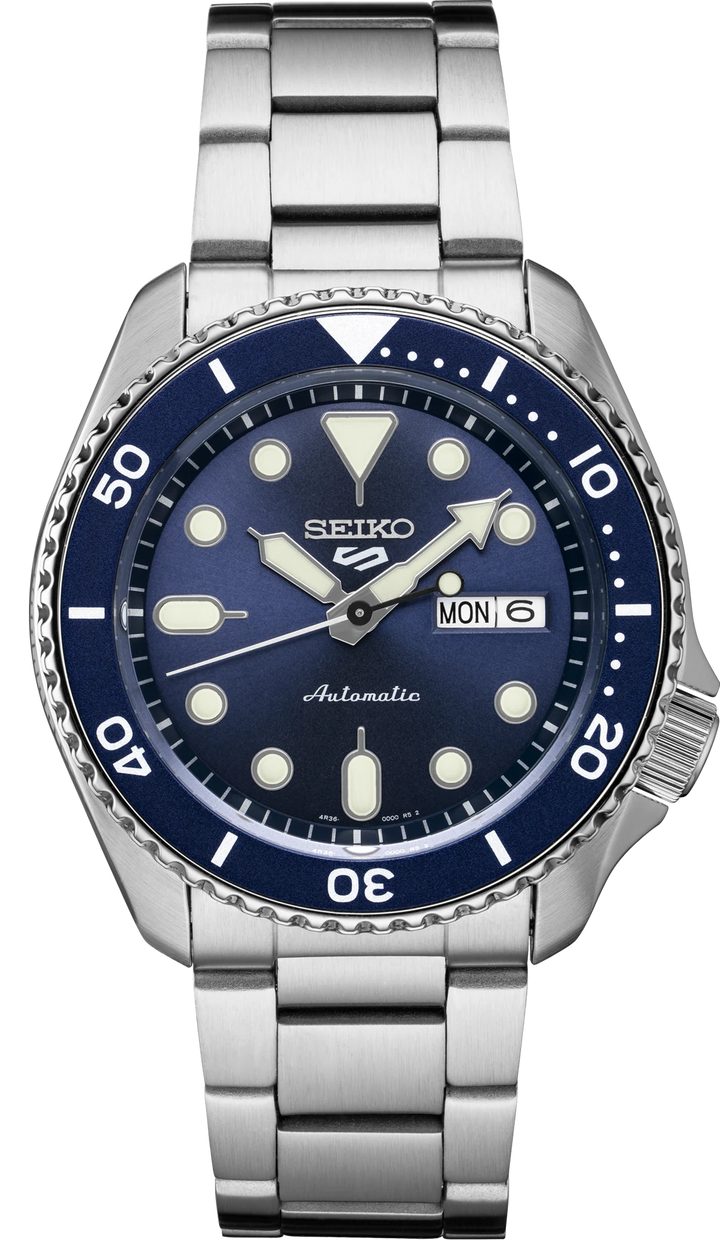 Seiko SRPD51 5 Sports automatic watch with blue dial, front view