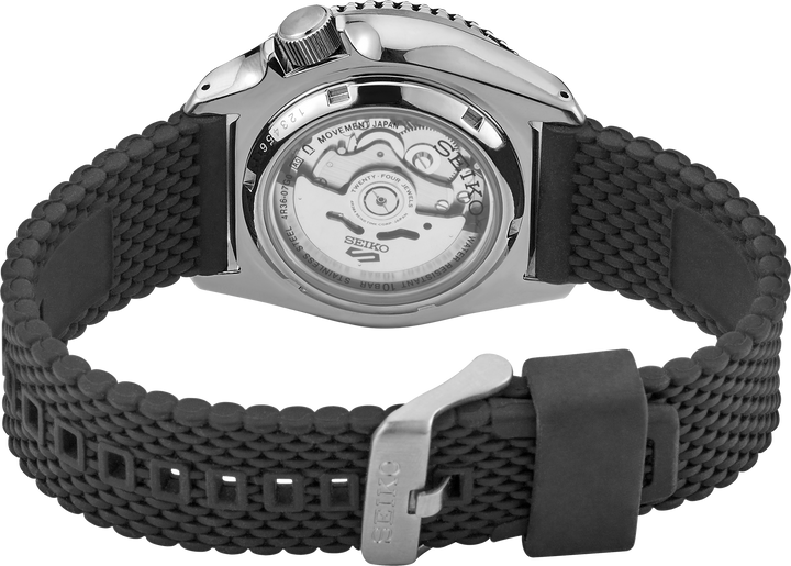 Seiko SRPD93 Seiko 5 Sports see-through caseback and black silicone strap