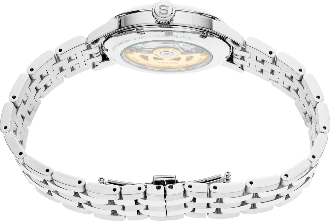 Seiko SRPE15 watch, caseback view