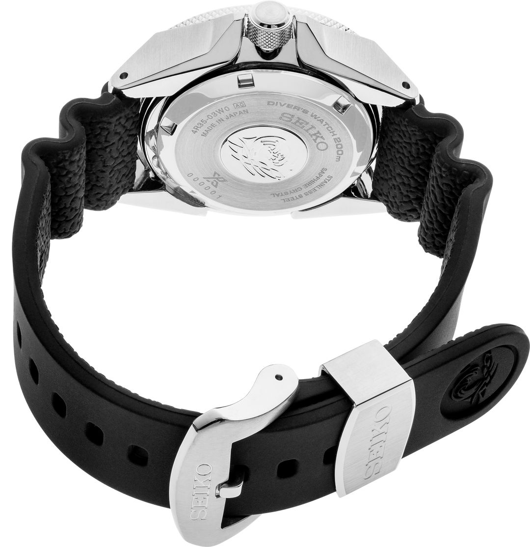 Seiko SRPE37 watch, caseback view