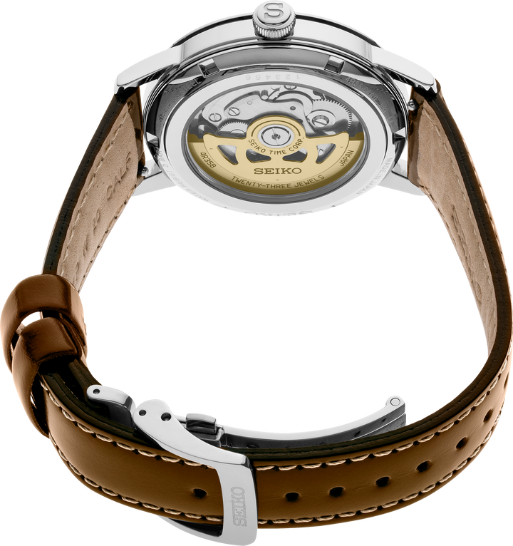 Seiko SRPE45 watch, caseback view