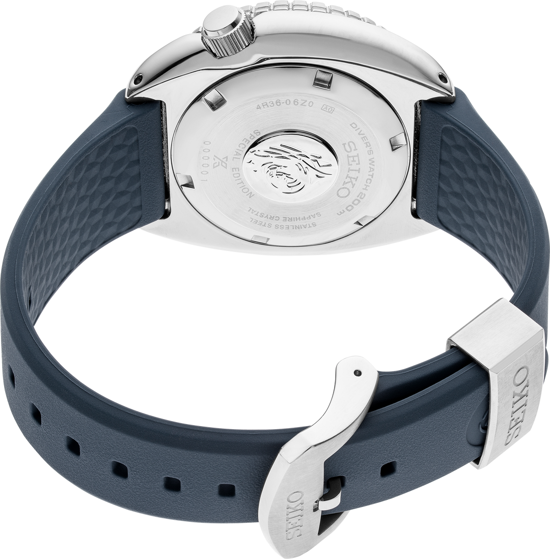 Seiko SRPF77 watch, caseback view