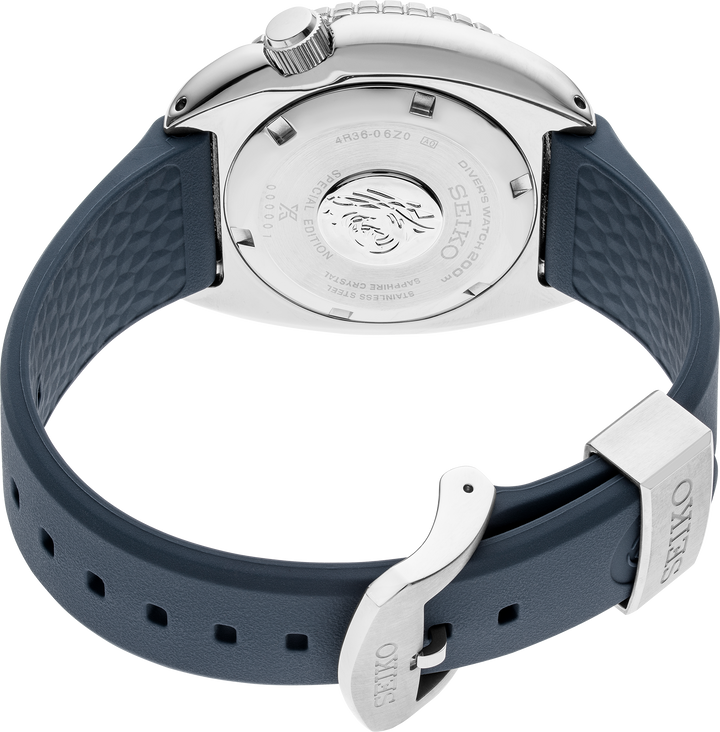 Seiko SRPF77 watch, caseback view