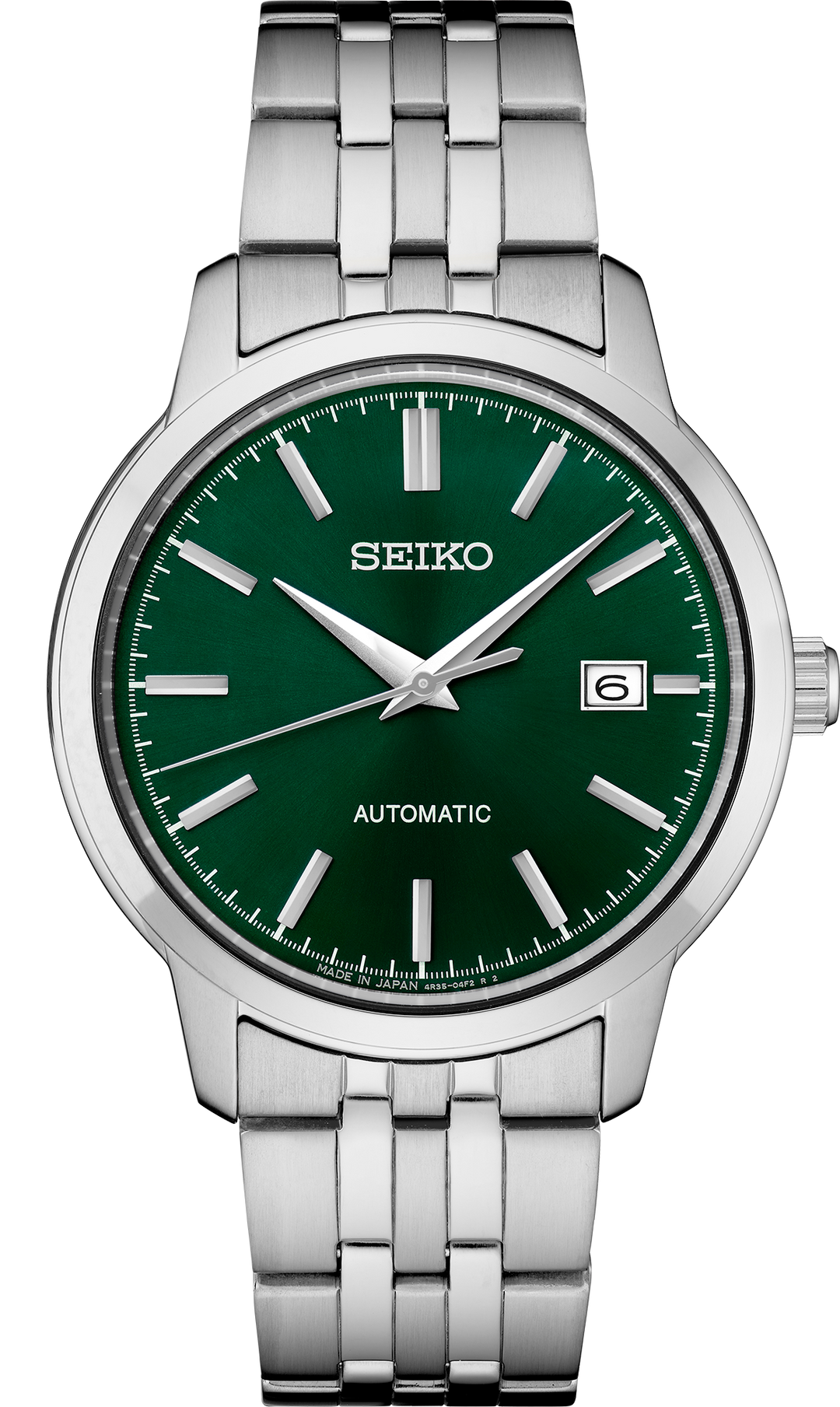 Seiko SRPH89 green sunray dial and steel bracelet, front view