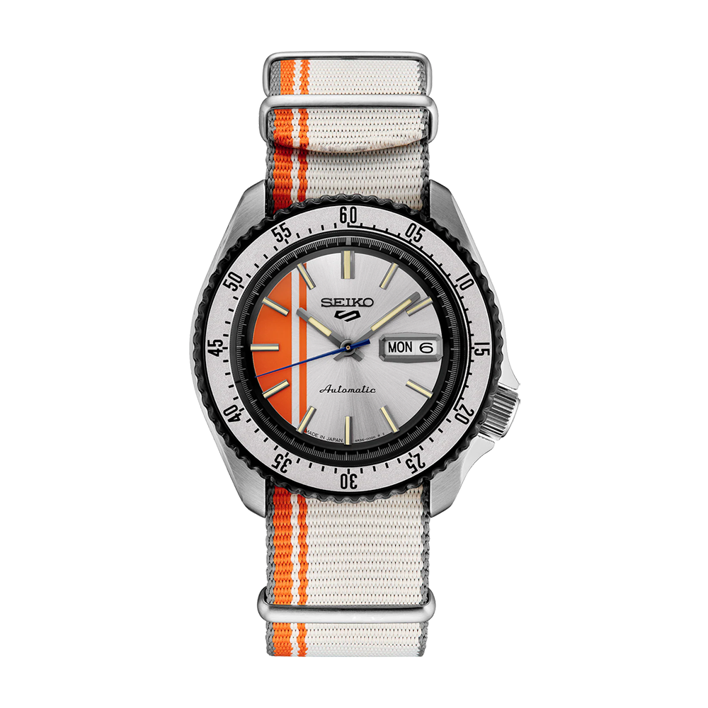Seiko SRPK73 5 Sports automatic silver and orange racing dial watch front view