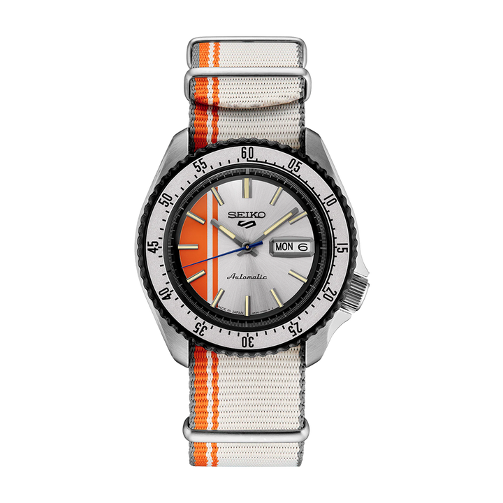 Seiko SRPK73 5 Sports automatic silver and orange racing dial watch front view