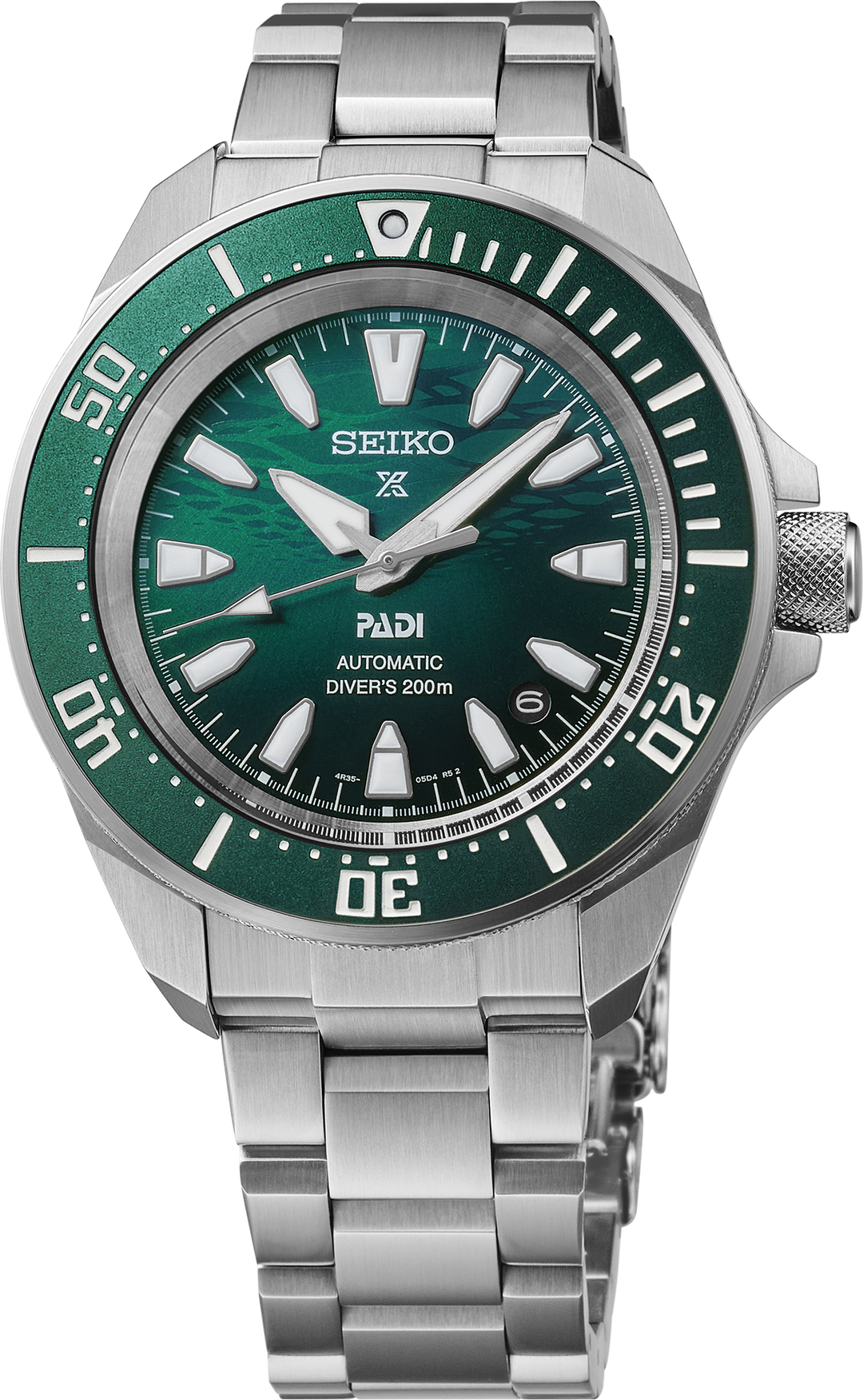 Seiko SRPL53 green PADI dial and steel bracelet, front view