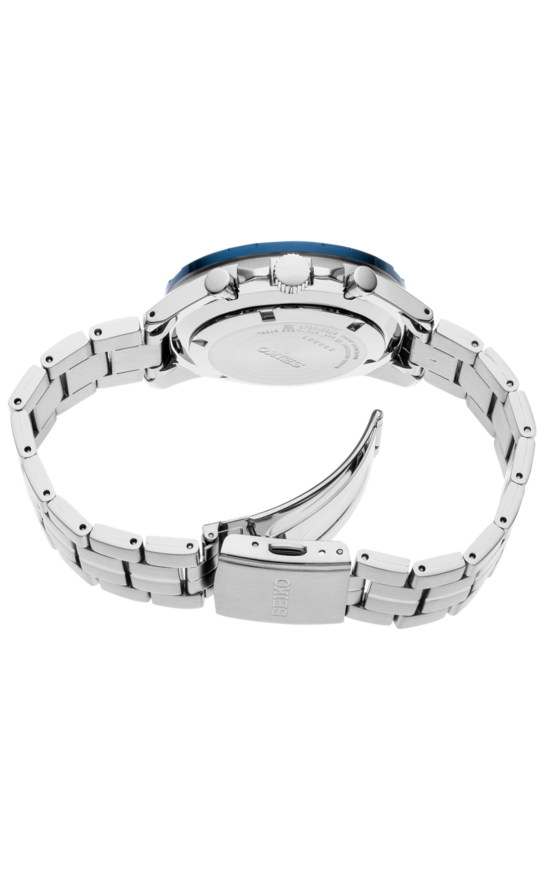Seiko SSB345 Essentials quartz chronograph caseback and bracelet