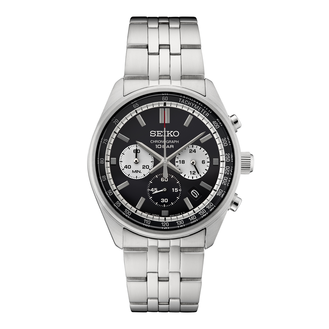 Seiko SSB429 Essentials quartz chronograph black dial front view