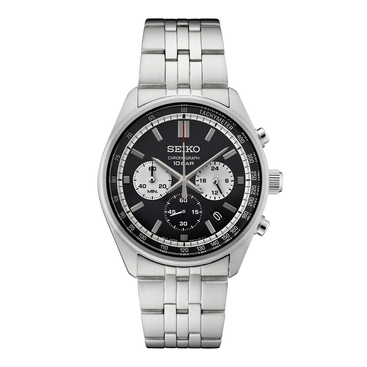 Seiko SSB429 Essentials quartz chronograph black dial front view